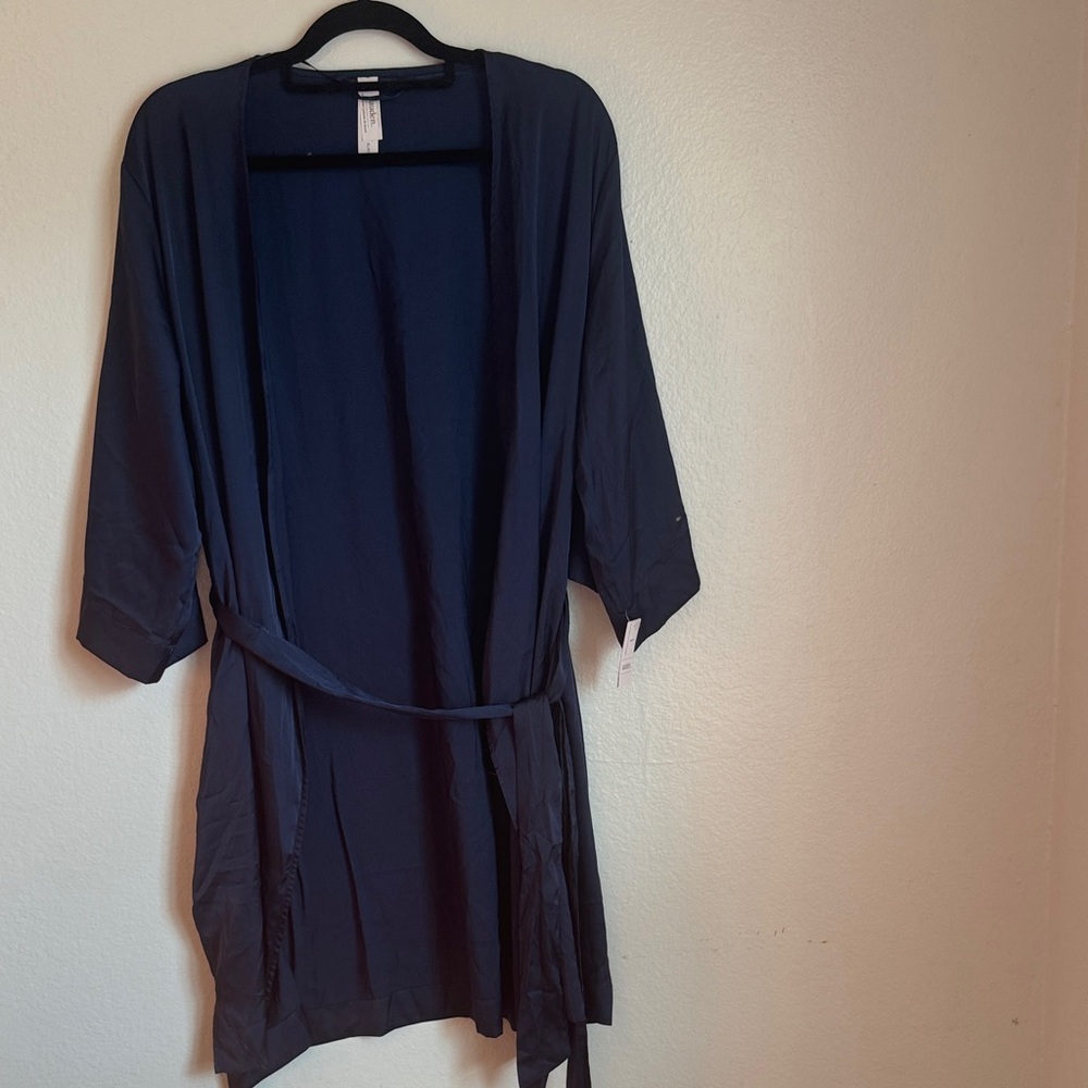 Navy blue satin robe and shorts set